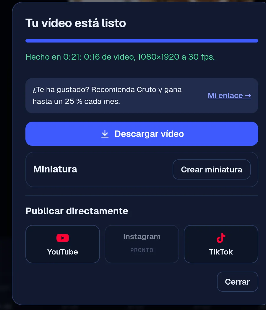 Fenêtre de Cruto à la fin de l’export : télécharger la vidéo, créer la miniature et publier sur YouTube ou TikTok