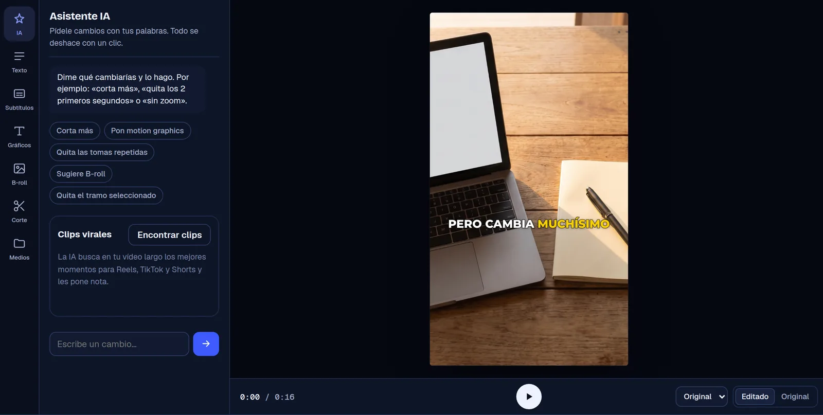 Assistant IA de l’éditeur de Cruto : demandes rapides comme « Coupe plus » ou « Enlève les prises répétées » et la recherche de clips viraux