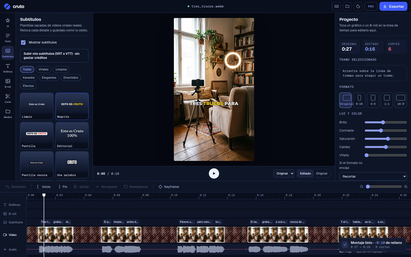 L’éditeur de Cruto avec une vidéo verticale déjà montée : panneau de sous-titres, aperçu avec sous-titres de viral et timeline sans les silences